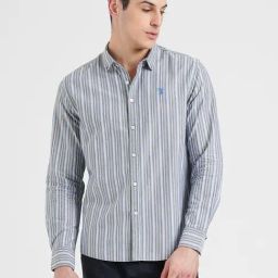 Red Tape Grey Cotton Loose Fit Striped Shirt-image-85