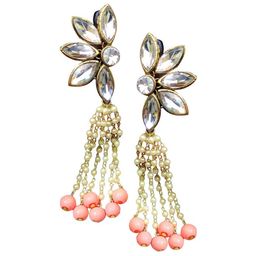 Dhivara Copper-Plated Artificial Stones Studded & Beaded Contemporary Shaped Drop Earrings-image-80