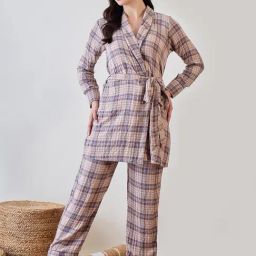 The Kaftan Company Beige Viscose Checks Night Dress-14