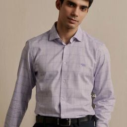 ANDAMEN Lavender Regular Fit Check Cotton Shirt-image-45