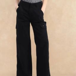 RAREISM Black Polyester Solid Cargo Trousers-image-101