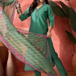 Sangria Women Floral Embroidered Straight Kurta with Trousers & Dupatta-23