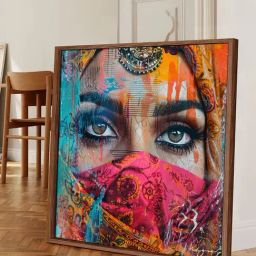Art Street Multicolour Large Framed Masked Girl Canvas Painting-image-73