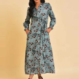 W Blue Cotton Printed A-Line Dress-image-46