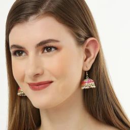 OOMPH Jewellery Turquoise Blue & Pink Floral Ethnic Jhumki-image-84