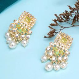 Karatcart Gold-Plated Light Green and Pearl Dangler Earrings-22