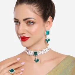 Zaveri Pearls Green Multistrand Stones & Beads Choker Necklace Earring & Ring Set-ZPFK16521-image-15
