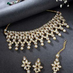 Peora White Necklace with Earring & Maang Tikka Set-image-3