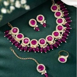 Peora Gold Plated Pink Crystal Necklace Drop Earrings Maangtikka & Ring Jewellery Set-12