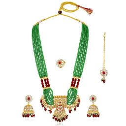 Peora Gold Plated Rani Pink Green Kundan Long Necklace Jhumki Earrings Maangtikka Ring Jewellery Set-44