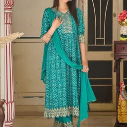 Berrylicious Bandhani Printed V-Neck Sequinned Straight Kurta With Trousers & Dupatta-0