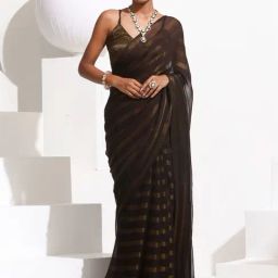 Swtantra Brown Striped Saree With Unstitched Blouse-picture-2