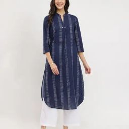 Pink Fort Navy Cotton A-Line Fit Geometric Kurta-image-8
