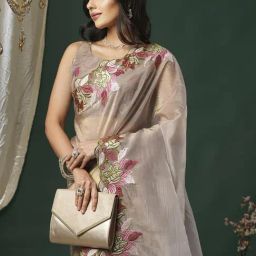 Saree Mall Beige Organza Embroidery Saree with Blouse Piece-image-65