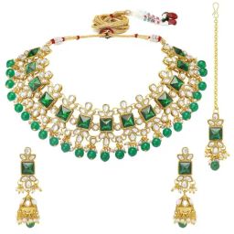 Peora Green Necklace with Earring & Maang Tikka Set-image-10
