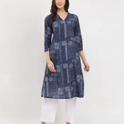 Pink Fort Navy Cotton A-Line Fit Geometric Kurta-image-7