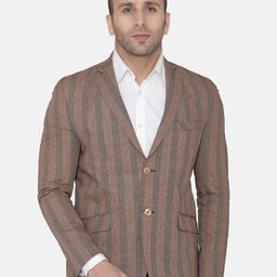 Wintage Men Brown & Grey Striped Regular-Fit Single-Breasted Pure Cotton Blazer-26