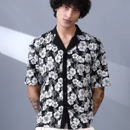 Campus Sutra Obsidian Black Chalk White Bloom-Imprint Cuban-Polo Shirt-picture-42