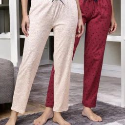 Kryptic Maroon & off White Cotton Relaxed Fit Printed Lounge Pant - Pack of 2-image-40