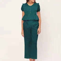 Moomaya Teal Cotton Midi Co-ord Set-image-10