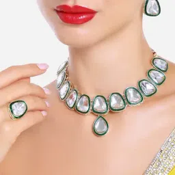 Zaveri Pearls Green Enamel Embellished Choker Necklace Earring & Ring Set-ZPFK16581-11