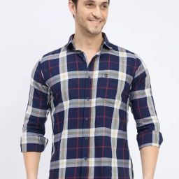 Duke Navy Cotton Slim Fit Checks Shirt-image-36