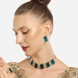 Zaveri Pearls Peacock Green Artificial Stones & Kundan Choker Necklace Earring & Ring Set-ZPFK16583-4