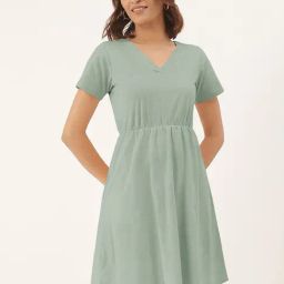 BRINNS Green Cotton Solid Fit & Flare Dress-image-70