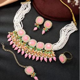 Peora Gold Plated Mint & Pink Crystal Necklace Drop Earrings Maangtikka & Ring Jewellery Set-28
