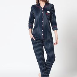 Zeyo Women Cotton Lapel Collar Striped Night suit-image-49