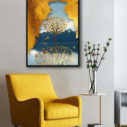 999Store Gold Canvas Tree And Flying Birds Lake View Wall Painting-40