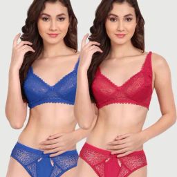 FIMS Blue & Pink Lace Work Bra Panty Sets - Pack Of 2-picture-11