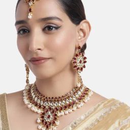 Peora Maroon Necklace with Earring & Maang Tikka Set-image-12
