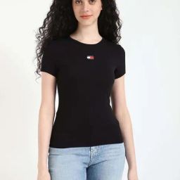 Tommy Hilfiger Black Cotton Solid T-Shirt-80