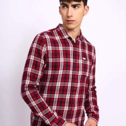 Lee Maroon Cotton Regular Fit Checks Shirt-image-50