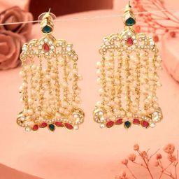 Zaveri Pearls Green & Pink Stones Embellished Clustered Pearls Chain Fringe Drop Earrings-ZPFK17671-4
