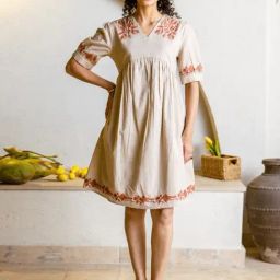 Autumnlane Beige Cotton Comfort Fit Embroidery Dress-image-30