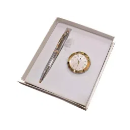Sheaffer 100 A9340 Bright Chrome with Gold Trim Ball Pen with Table Clock, WP26669-picture-0