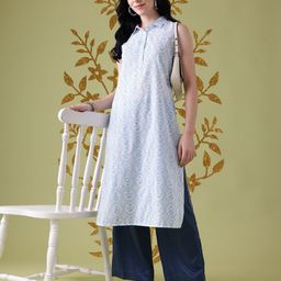 Anouk Floral Printed Pure Cotton Lace Insert Detail Calf-Length Straight Kurta-picture-53