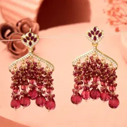 Zaveri Pearls Wine Color Stones Cluster Beaded Chain Fringe Traditional Drop Earrings-ZPFK17667-image-12