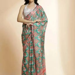 Jaipur Kurti Green & Orange Printed Saree With Unstitched Blouse-picture-1