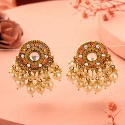 Zaveri Pearls Peach Mint Green Meenakari Austrian Diamonds Beads Traditional Drop Earrings-ZPFK17769-9
