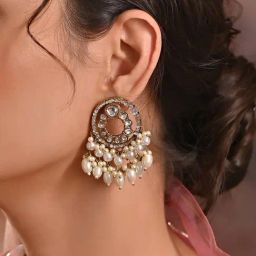 Fida Ethnic Wedding Round White Kundan Pearl Drop Earrings-3