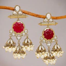 OOMPH Jewellery Gold Maroon Jaipur Stones & Kundan Ethnic Traditional Jhumki-48