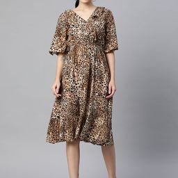 Indibelle Women Brown & Black Animal Print Flared Sleeves A-Line Dress-12