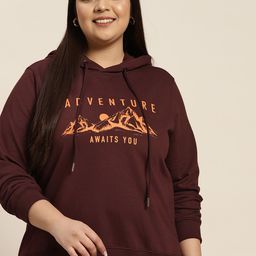 Sztori Women Plus Size Maroon Printed Hooded Sweatshirt-image-83