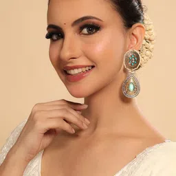 Yinara Gold-Plated Artificial Stones Studded & Beaded Teardrop Shaped Drop Earrings-image-31
