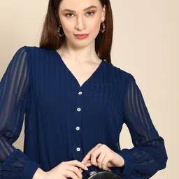 all about you Women Navy Blue Self Design Stripes V-Neck Casual Shirt-picture-11