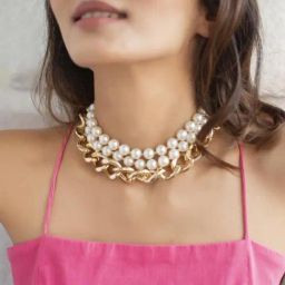 ToniQ White Pearl Gold-Plated Linked Chain Choker Necklace for Women-38