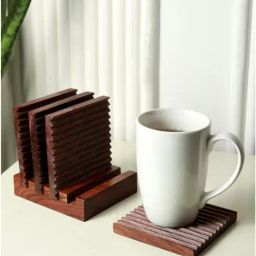 Unravel India Brown & White Sheesham Wood Trivets with Stand - Set of 4-10
